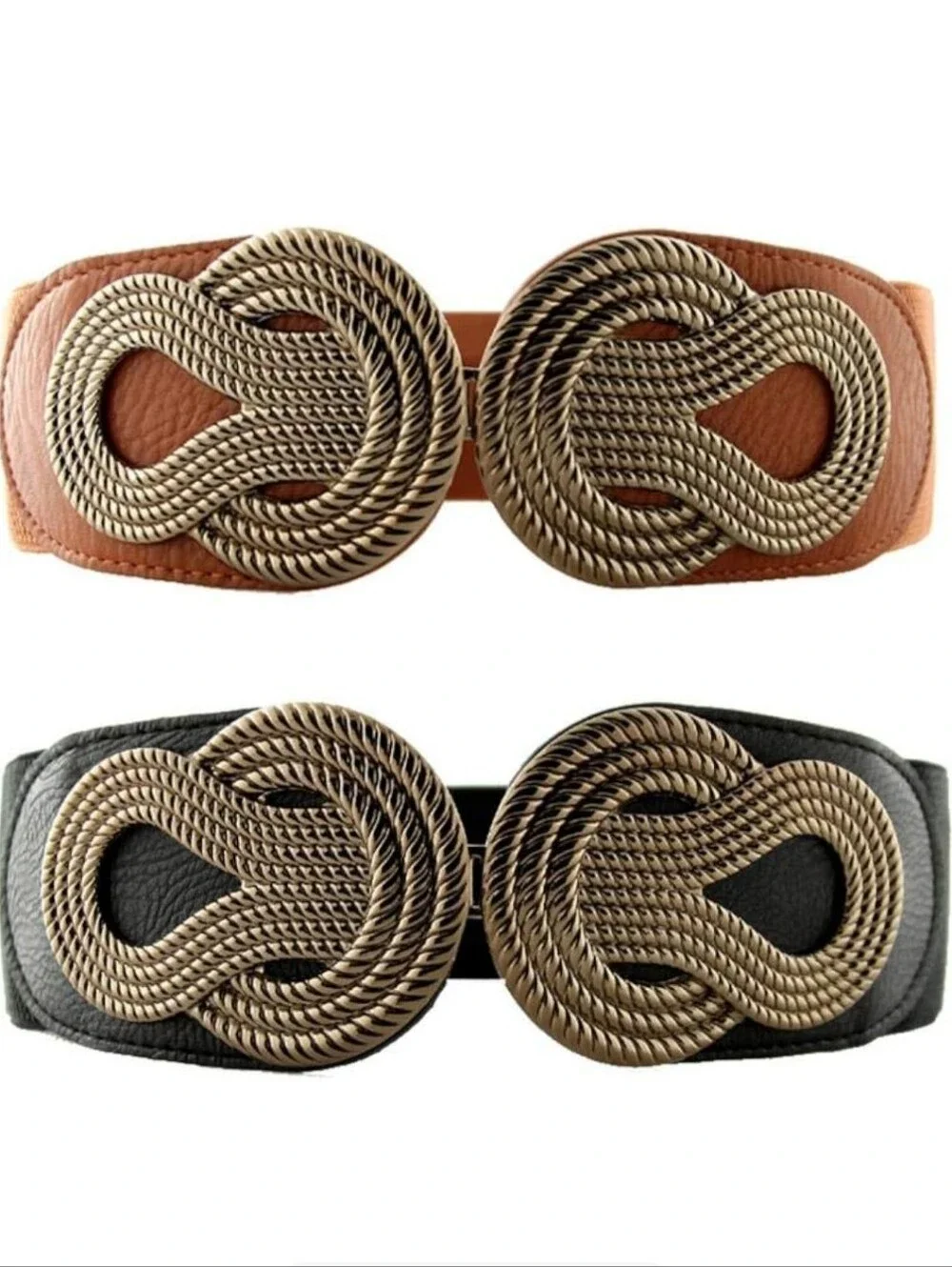 ​2 Pack Women's Wide Elastic Stretch Belts Gold Knot Interlocking Buckle